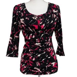 ALFANI Pink & Black Top 3/4 Sleeves with Rouching Size Small
